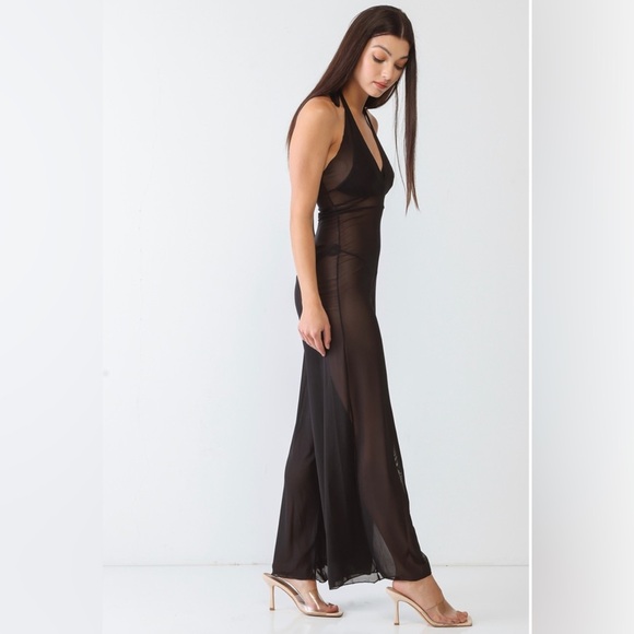 New Trendy Black V-Neck Sleeveless Wide Leg Sheer Jumpsuit Cover Up Swimwear - Picture 4 of 6